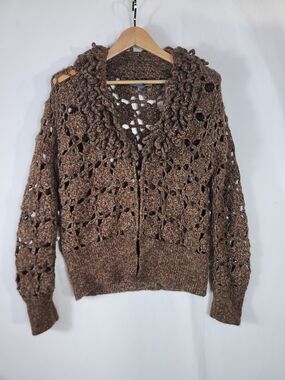 Josephine Chaus Brown wool blend Crochet Openwork Cardigan  Multicolor Flecks